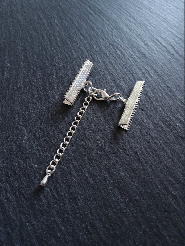 5 or 25 Silver Plated Crimp End Sets for 30mm (1 13/16") Wide Ribbon for Chokers with Extension Chain