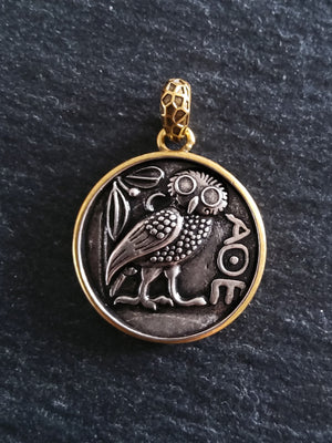 Owl of Athena Coin Effect Pendant Antique Silver & Gold Plated Brass 26x22.5mm - ContentedCatz
