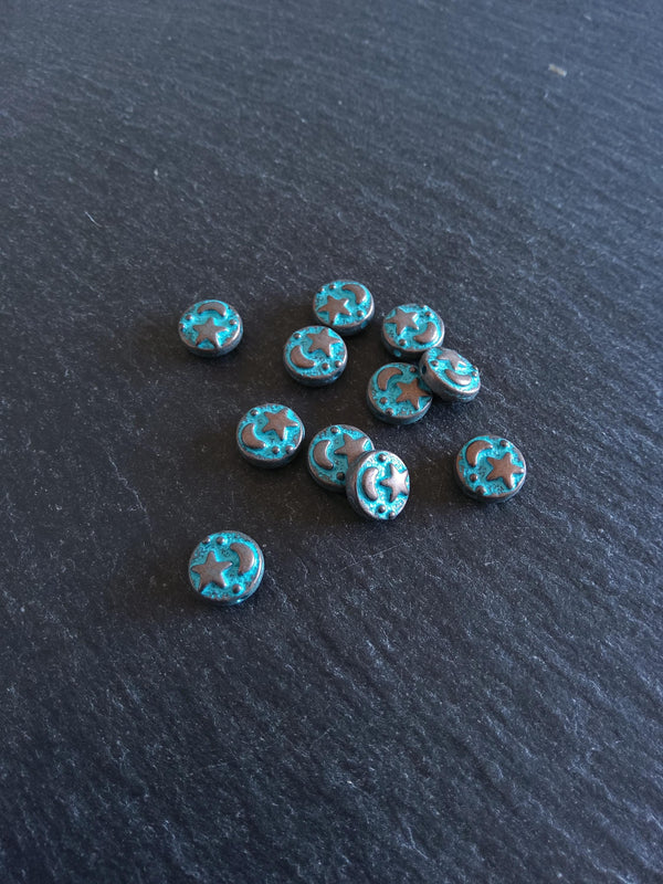 10 or 50 Flat Round 9mm Antique Copper Alloy Moon & Star Beads with Blue Patina 9x4mm Hole: 1mm - ContentedCatz