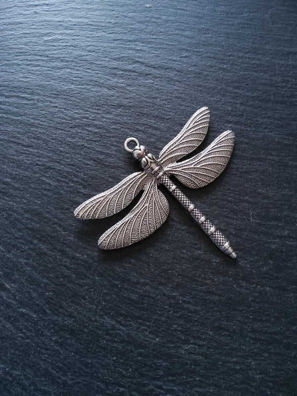 Large Dragonfly Pendant Antique Sterling Silver Plated 63x72x5mm Nickel FREE - ContentedCatz