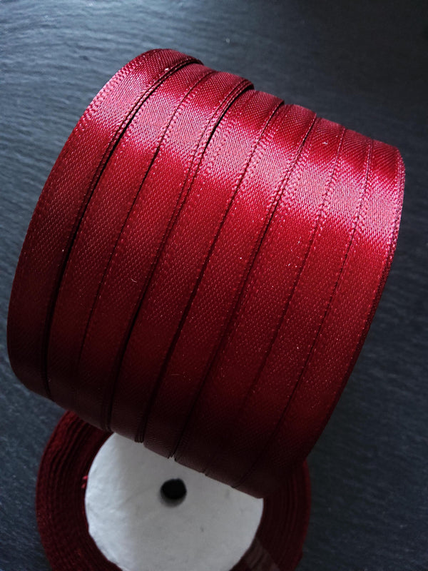 Single Face Wine Red Satin Polyester Ribbon 1/4 inch (6mm) approx. 23m/roll - ContentedCatz