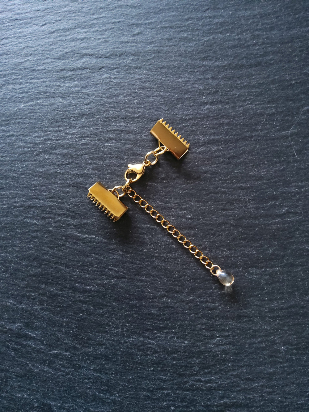 2 or 10 Gold Stainless Steel Crimp End Sets for 15mm Ribbon with Extender Chain - ContentedCatz
