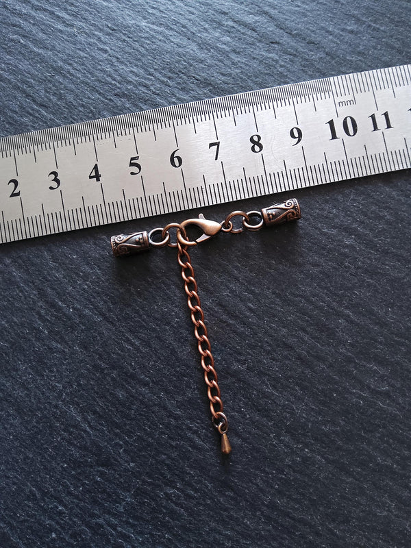 5 or 25 Antique Copper Patterned End Cap Sets for 3mm Cord Necklaces with Extender Chain (3.5mm end caps)