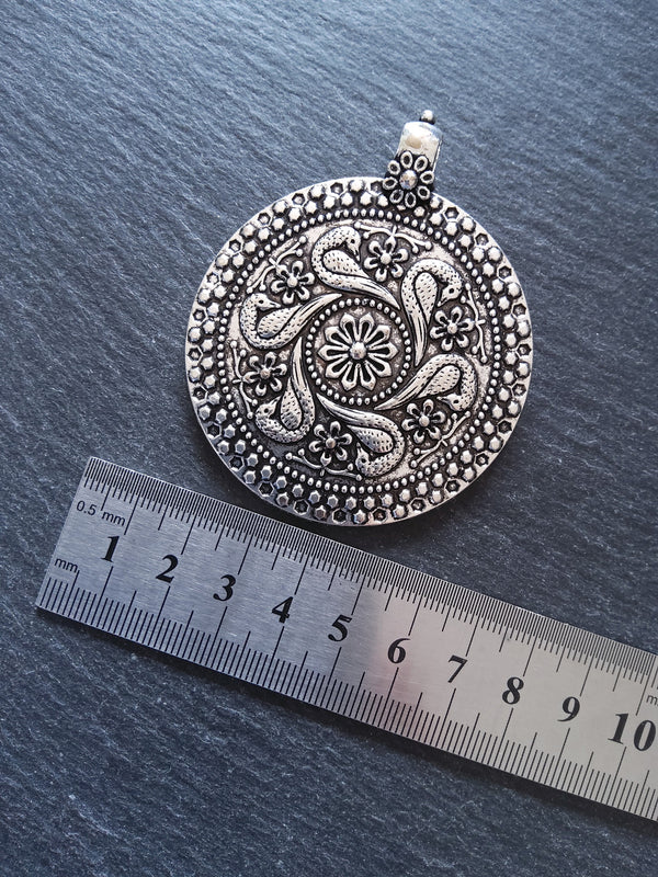 Large Bird & Flower Embossed Antique Silver Tone Pendant 71x59x3.5mm