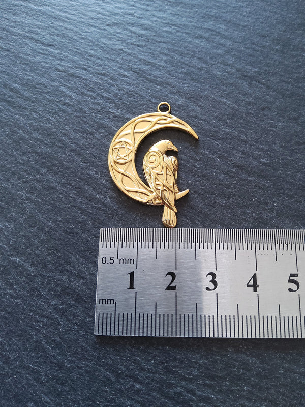 1 or 5 Crescent Moon & Raven Pendants 18K Gold Plated Steel 36x24mm