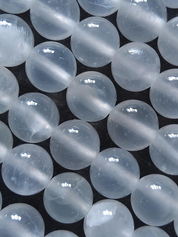 8.3mm Natural Selenite Undyed Round Polished Beads. Full 15.7 inch Strand Hole: 1mm