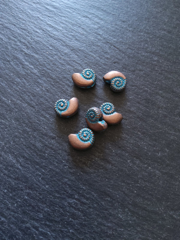 10 or 50 Sea Shell Snail Ammonite Beads 8mm Antique Copper with Blue Patina 11x8x4mm