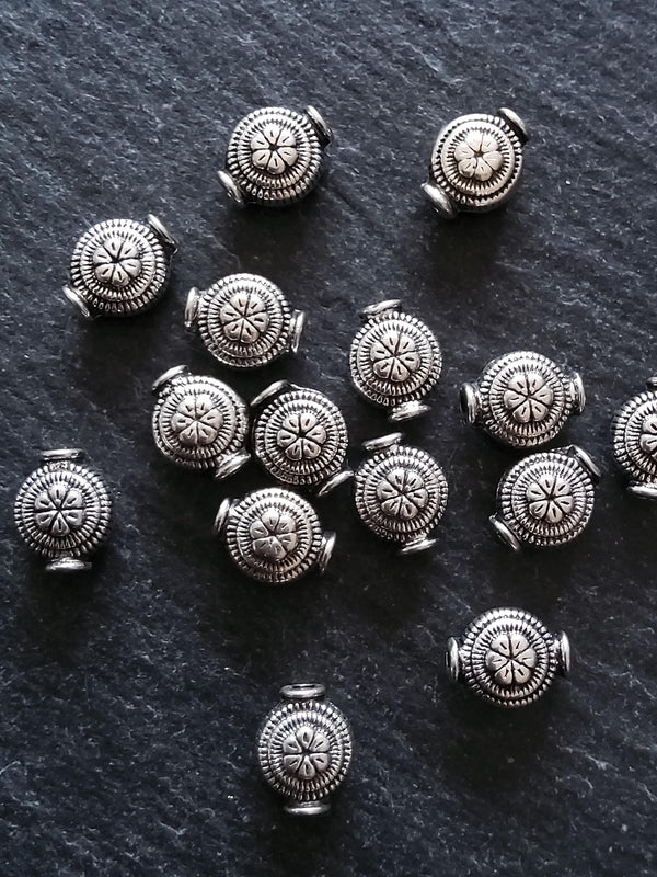 10 or 50 Silver Tone 8mm Flower Design Flattened Rounded Spacer Beads 10x8x5mm, Hole: 1.5mm