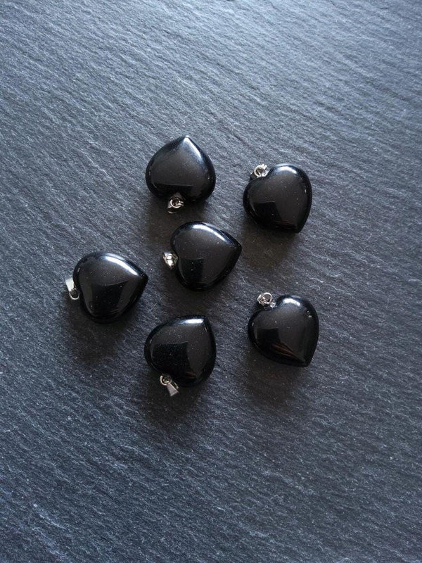 Natural Black Obsidian Heart Pendant with Steel Bail 22x20x9mm