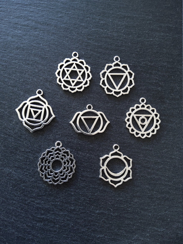 1 Full Set of The Seven Chakras Charms in Antique Silver Tone Metal Alloy average 30x25mm