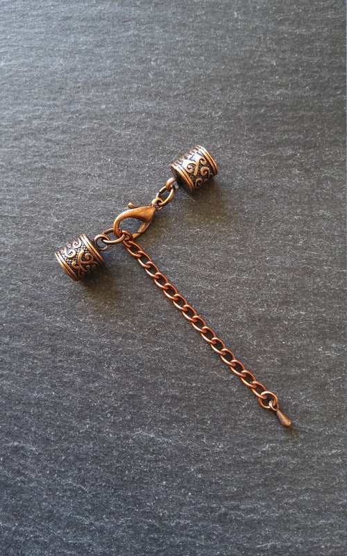 4 or 20 Antique Copper Patterned End Cap Sets for 5mm Cord with Extender Chain (5.5mm end caps)