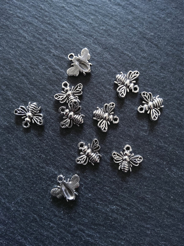 10 or 50 Little Antique Silver Tone Bee Charms 13x11mm