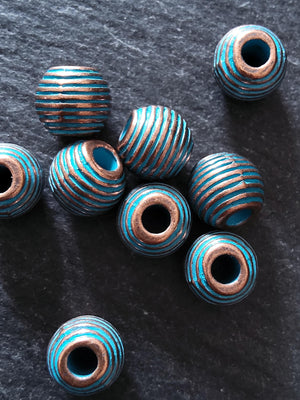 6 or 30 Patterned 9.5mm Round Banded Beads Antique Copper Tone Alloy with Blue Patina 9.5x8.5x8.5mm Hole: 3.2mm