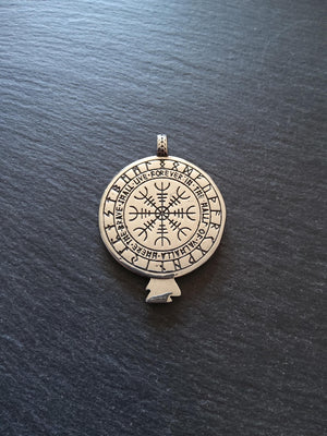 Large Round Raven & Vegvísir Wayfinder Compass Pendant Stainless Steel 56x41mm
