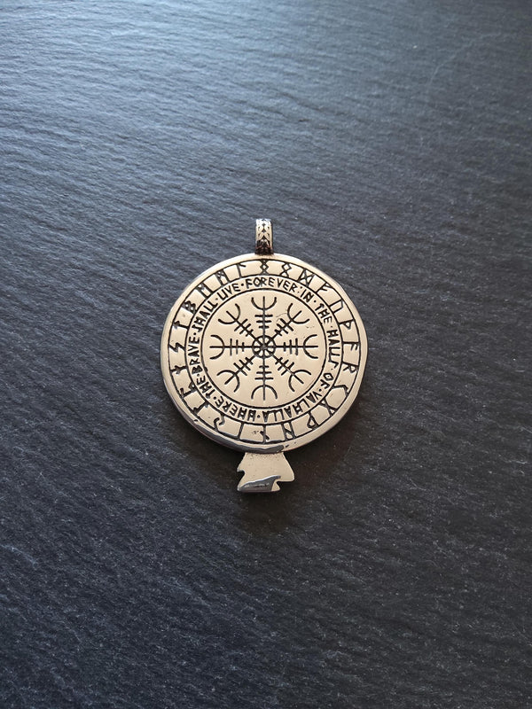 Large Round Raven & Vegvísir Wayfinder Compass Pendant Stainless Steel 56x41mm