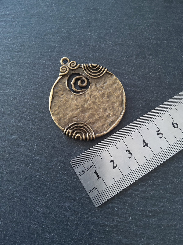 2 or 10 Large Round Boho Style Antique Bronze Alloy Pendant Swirl Pattern 52x45mm