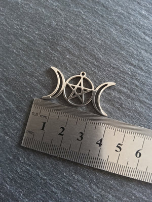 2 or 10 Stainless Steel Triple Moon Pentagram Pendants Flat 35x19xmm