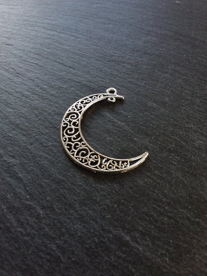 6 or 30 Crescent Moon Connector Pendants Pierced Design Antique Silver Tone 41x36mm