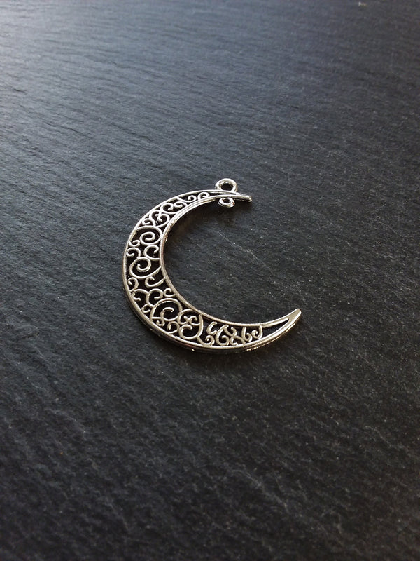6 or 30 Crescent Moon Connector Pendants Pierced Design Antique Silver Tone 41x36mm