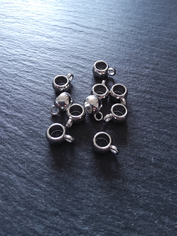 10 or 50 Silver Tone Bail Beads Smooth Plain Metal Alloy 11x8x5mm Large 5mm Hole