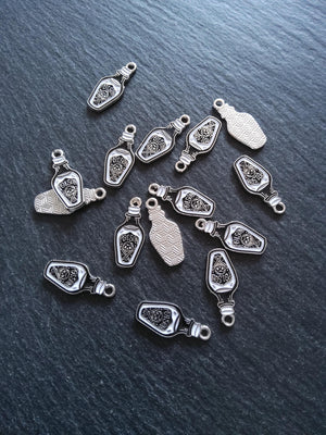 4 or 20 Little Poison Skull & Cross Bones Bottle Charms Silver Tone 23x10mm