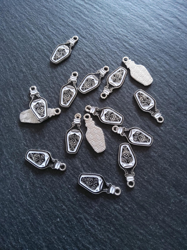 4 or 20 Little Poison Skull & Cross Bones Bottle Charms Silver Tone 23x10mm