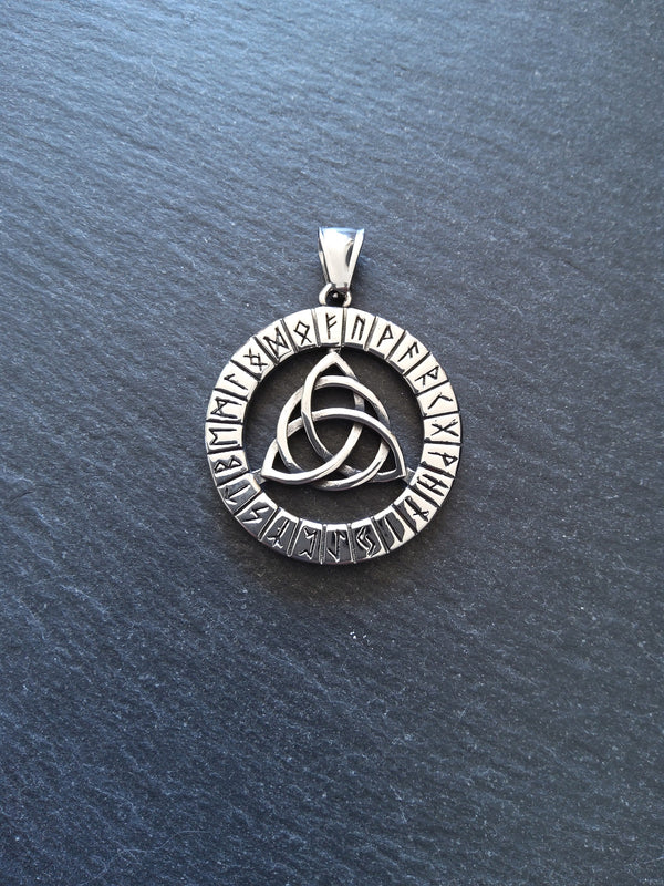 Large Stainless Steel Round Celtic Triquetra & Rune Pendant 38x35mm