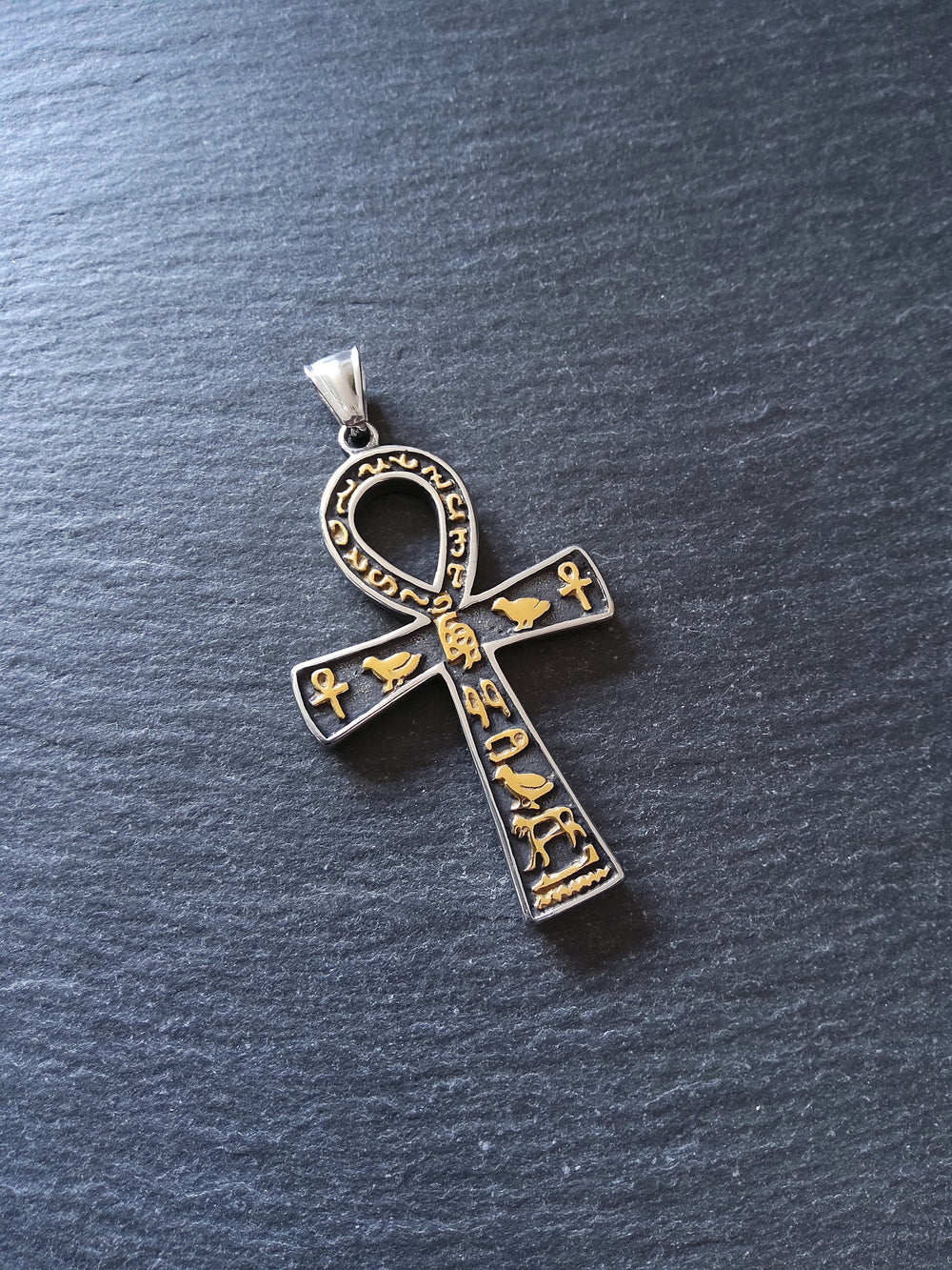 Large Stainless Steel Ancient Egyptian Style Ankh Pendant with Hyroglyphics 58x35mm