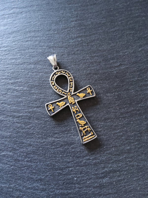 Large Stainless Steel Ancient Egyptian Style Ankh Pendant with Hyroglyphics 58x35mm