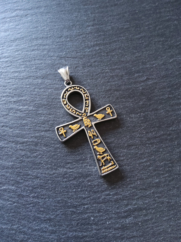 Large Stainless Steel Ancient Egyptian Style Ankh Pendant with Hyroglyphics 58x35mm