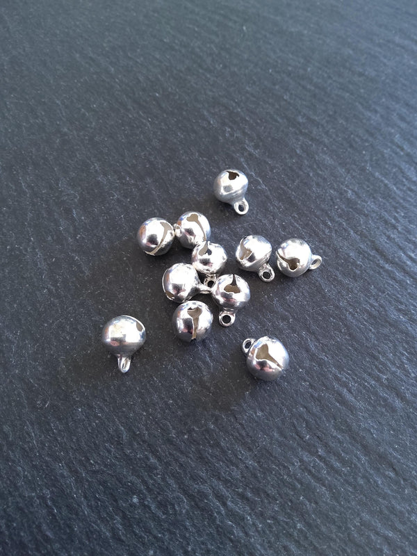 20 or 100 Bright Silver 8mm Brass Bells Bell Charms 10x8mm - ContentedCatz