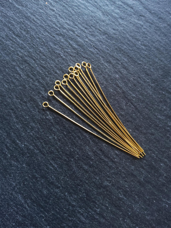 20 or 100 Genuine 18K Gold Plated 50mm Brass Eye Pins 0.5mm (24 gauge) - ContentedCatz