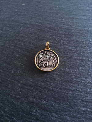 Owl of Athena Coin Effect Pendant Antique Silver & Gold Plated Brass 26x22.5mm - ContentedCatz