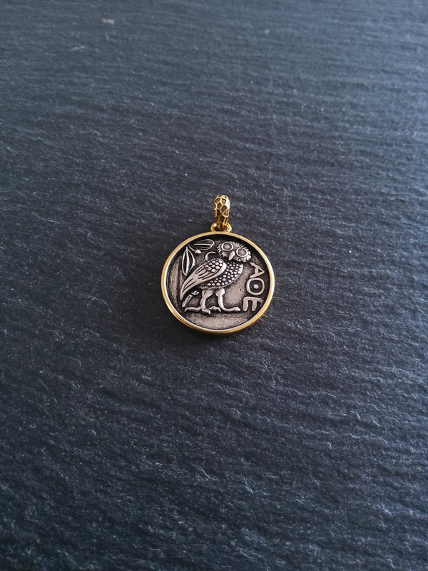 Owl of Athena Coin Effect Pendant Antique Silver & Gold Plated Brass 26x22.5mm - ContentedCatz