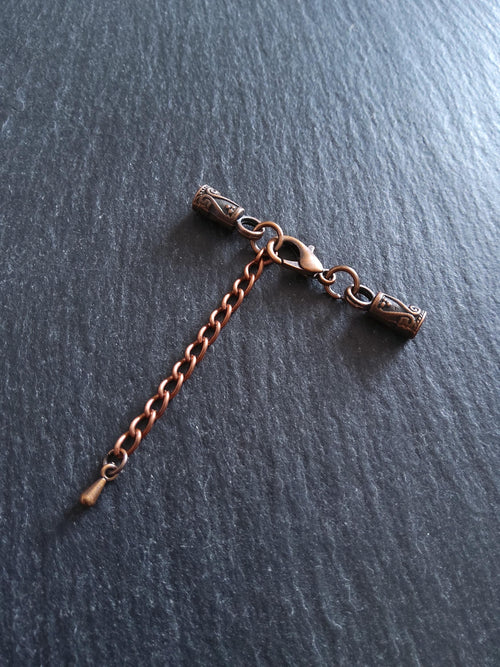 5 or 25 Antique Copper Patterned End Cap Sets for 3mm Cord Necklaces with Extender Chain (3.5mm end caps)