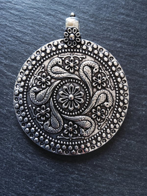 Large Bird & Flower Embossed Antique Silver Tone Pendant 71x59x3.5mm