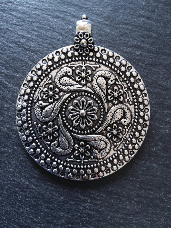 Large Bird & Flower Embossed Antique Silver Tone Pendant 71x59x3.5mm