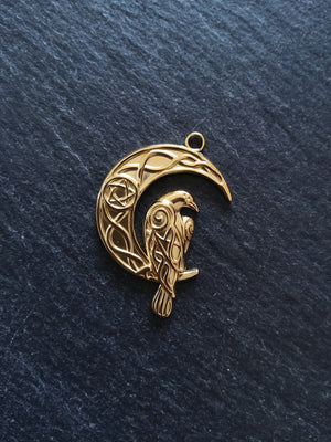 1 or 5 Crescent Moon & Raven Pendants 18K Gold Plated Steel 36x24mm