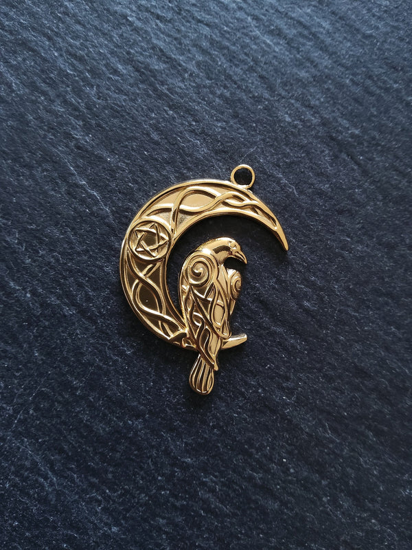 1 or 5 Crescent Moon & Raven Pendants 18K Gold Plated Steel 36x24mm