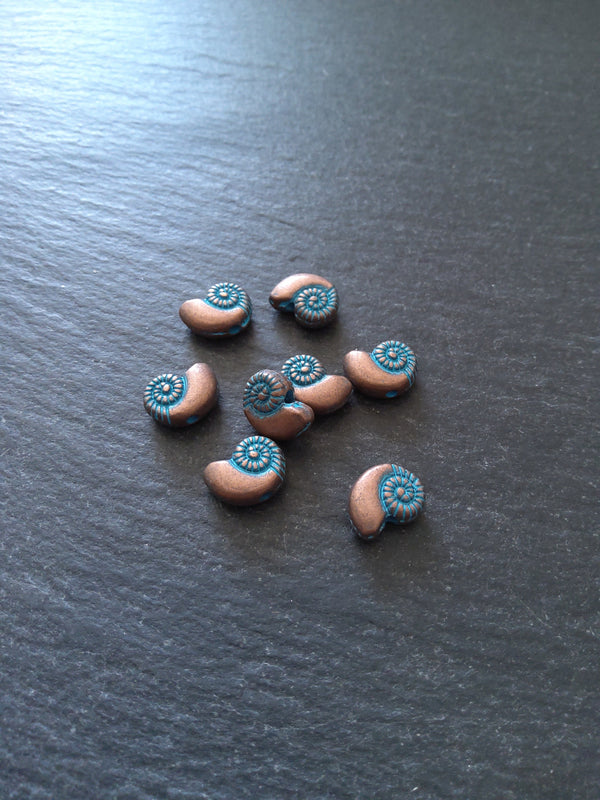 10 or 50 Sea Shell Snail Ammonite Beads 8mm Antique Copper with Blue Patina 11x8x4mm