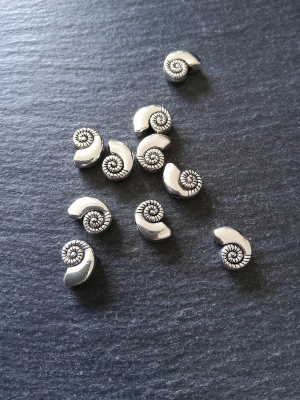 10 or 50 Sea Shell Snail Ammonite Beads 8mm Antique Silver Tone 11x8x4mm