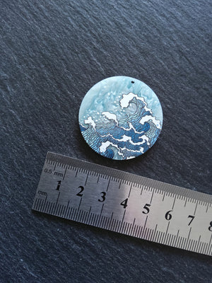2 or 10 Blue Japanese Style Wave Design Acrylic Pendants 38mm Diameter Hole: 1.5mm