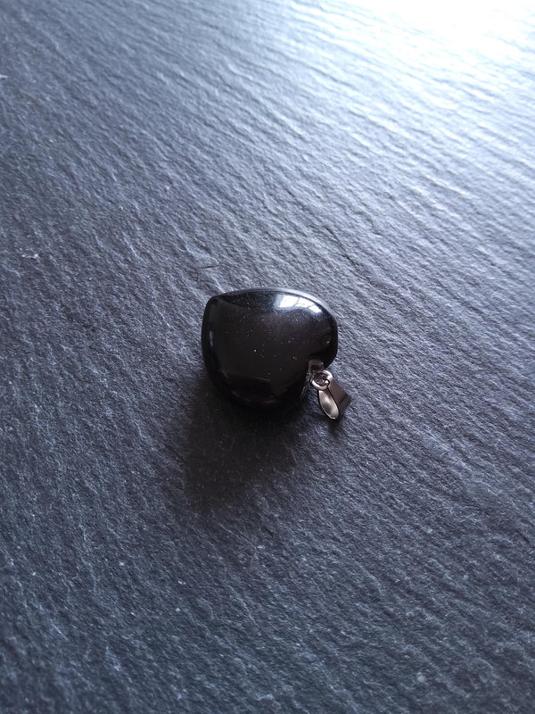 Natural Black Obsidian Heart Pendant with Steel Bail 22x20x9mm