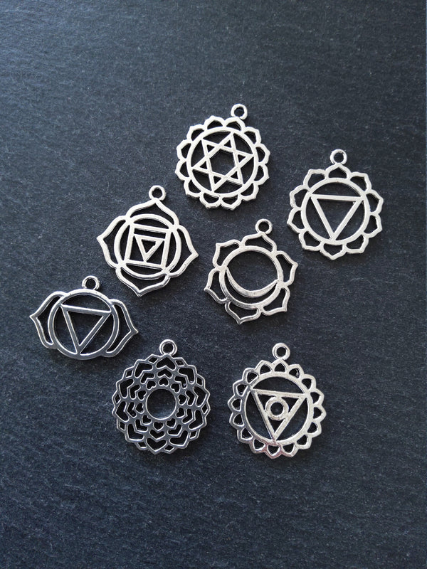 1 Full Set of The Seven Chakras Charms in Antique Silver Tone Metal Alloy average 30x25mm