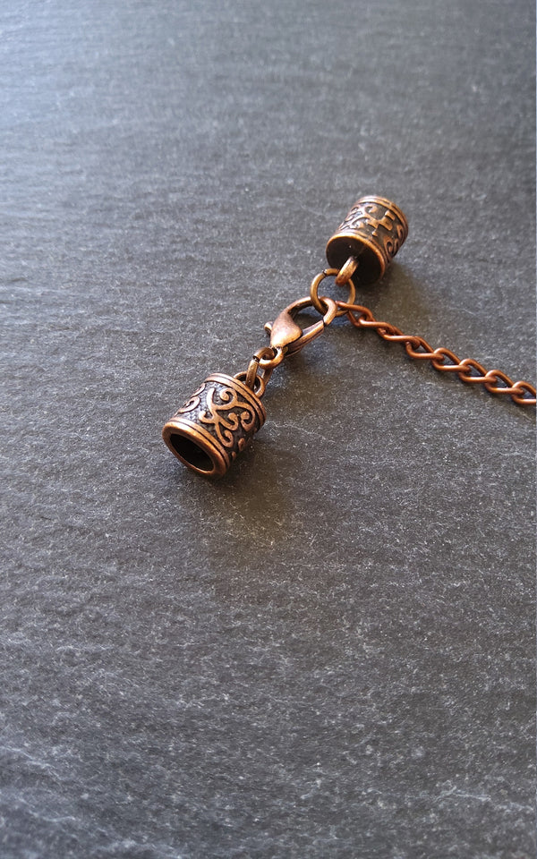 4 or 20 Antique Copper Patterned End Cap Sets for 5mm Cord with Extender Chain (5.5mm end caps)
