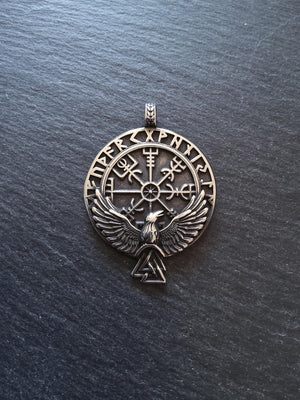 Large Round Raven & Vegvísir Wayfinder Compass Pendant Stainless Steel 56x41mm