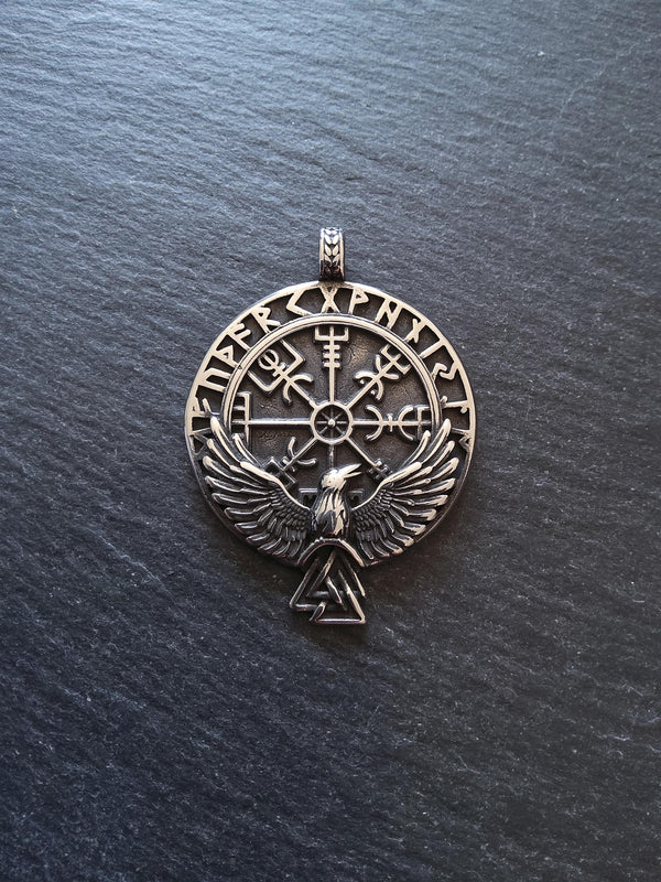 Large Round Raven & Vegvísir Wayfinder Compass Pendant Stainless Steel 56x41mm