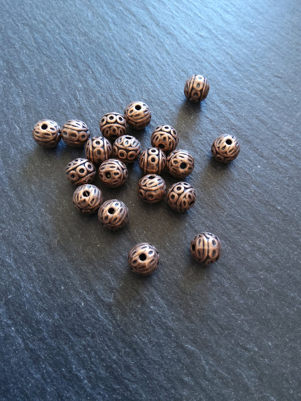 10 or 50 Antique Copper Tone 8mm Patterned Ball Beads Nickel FREE