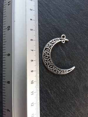 6 or 30 Crescent Moon Connector Pendants Pierced Design Antique Silver Tone 41x36mm