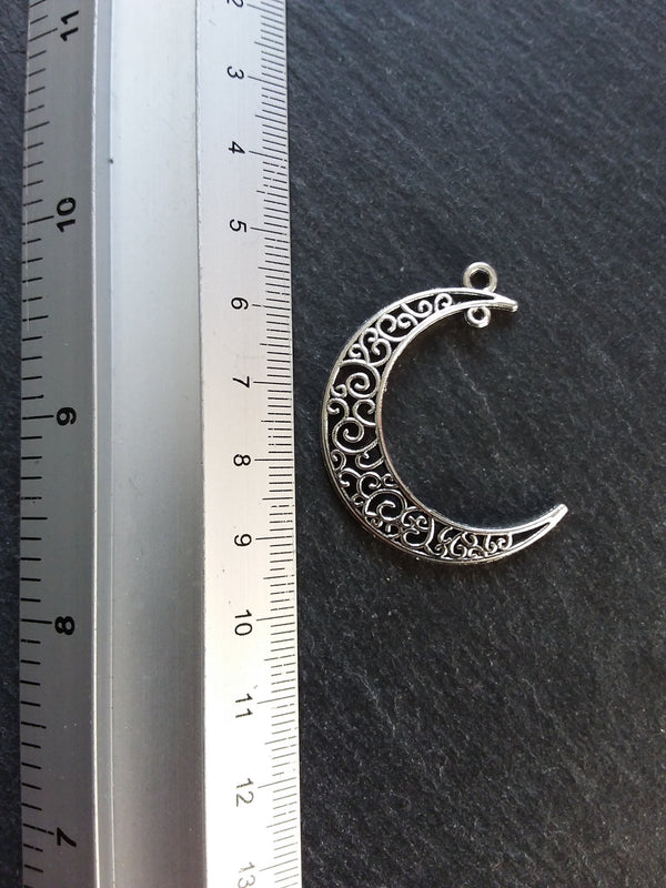 6 or 30 Crescent Moon Connector Pendants Pierced Design Antique Silver Tone 41x36mm